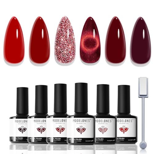 Image of modelones Red Gel Nail Polish Set - 6 Colors 2026 Mothersday Ruby Glitter Cat Eye Magnetic Gel Polish Burgundy Red Sparkle Bloody Nail Polish Kit Soak Off LED Manicure Nail Art DIY Gift