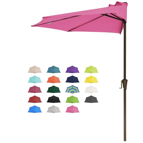 JEAREY 9ft Half Umbrella Outdoor Patio Umbrella Market Umbrella with Crank, 1/2 Round Wall Umbrella 5 Sturdy Ribs UV Protection for Pool Garden Balcony Deck, Rose Pink