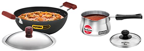 Image of Hawkins Futura Aluminium Nonstick Induction Flat Bottom Kadhai with Stainless Steel Lid (3.5 L) & Stainless Steel Induction Compatible TPan with Glass Lid, 1.5 Litre, 4.7 mm