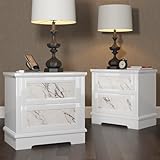 AMERLIFE Luxury Natural Marble Nightstand Set of 2 with Drawers, High Gloss Side Tables in Living Room, Storage End Table for Bedroom with Hidden Door, White