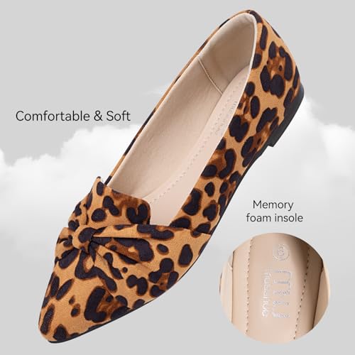 MUSSHOE Flat Shoes Women Comfortable Pointed Toe Slip on Women's Flats,Leopard Suede 63