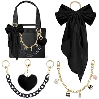 Xandova 4PCS Tote Bag Decor Kit, Bow Decorative Chain Charms, Pom Pom Accessories, Compatible with 20/35/50 Bogg Beach Tote Bags Accessories for Girls Women (Black)