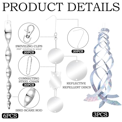 Qualirey 34 Pcs Bird Scare Devices Include Owl Shape Bird Reflective Discs Double Sided Bird Reflectors Bird Spiral Hanging Reflector Bird Scare Rods and Tape Ribbon to Keep Bird Away