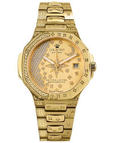 LOUIS XVI Renaissance Femme 6100 - Ø 35 mm - Damen Uhr - Wasserdicht - Armband Gold - Zifferblatt Stars Edition Gold mit Diamanten - Schweizer Quarzwerk