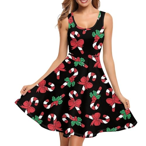 TOADDITDO Christmas Candy Cane Print Womens Pleated Sundress Causal V Neck Tank Dress with 2 Side Pocket Sleeveless High Stretchy Party Club Sun Dresses for Holiday Going Out