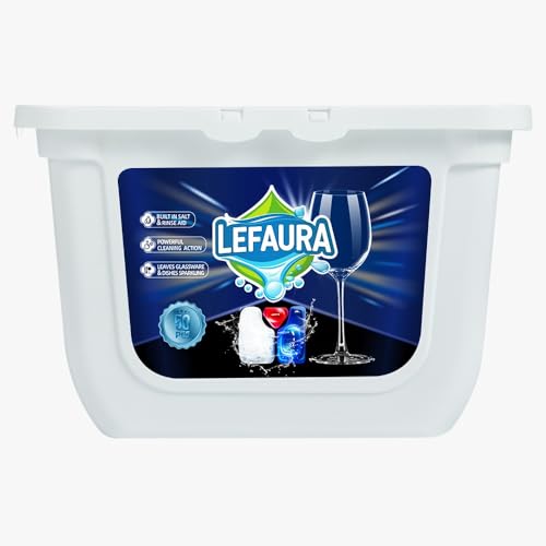 LEFAURA Dishwasher Pods, Pack of 50, No Pre-Rinse Triple Action Cleaning Tablets with Built-in Salt, Residue free Professional Grade