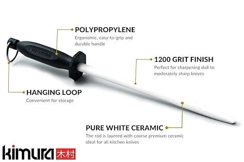 Image of Kimura Professional Ceramic Honing Rod, 10 inch Honing Steel, Ceramic Knife Sharpener, 1200 Grit Finish, Ergonomic & Balanced Polypropylene Handle, Ideal for All Chef Knives, Japanese Gift Box