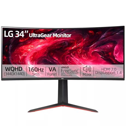 Image of LG 34 inch Ultragear Curved Gaming Monitor, WQHD (3440 x 1440),160Hz, AMD FreeSync Premium, HDR10, 99% sRGB, Tilt /Height Adjustable Stand, Built-in Speakers