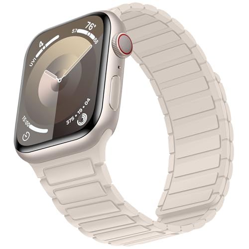 Suphart Magnetic Band Compatible with Apple Watch Band 42mm 41mm 40mm 38mm, Soft Silicone Replacement Wristband Designed for iWatch SE Series 10 9 8 7 6 5 4 3 2 1, Starlight