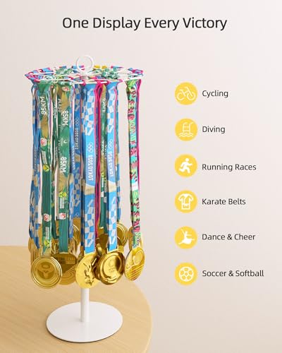 Image of Rotatable Medal Hanger Display - Adjustable Medal Honor Display - Desktop Metal Medal Holder for Running, Sports, Taekwondo, Awards - Ribbon-Safe Hook, 40+ Medals