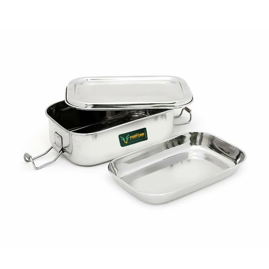 Image of Stainless Steel Lunch Box Rectangle - 450ml | Compartment Traditional Tiffin Box with Seperator Plate | Easy to Carry, Locking Clip | Ideal for School, Office, Men, Women (Small)