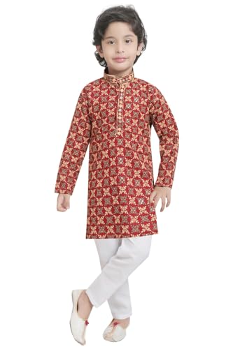 Image of TinySteps Boys' Ethnic Wear - Cotton Lakhnavi Chikan Kurta with Golden Sequence Work and Elastic Waist White Cotton Pajama - Festive & Wedding Outfit