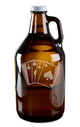 Dead Man's Hand Poker Player Hand-Made Etched Glass Beer Growler 64 oz