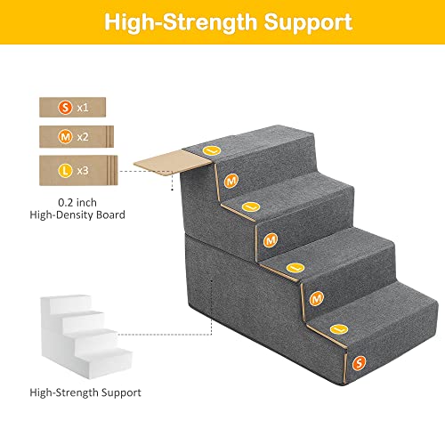 Sted Dog Stairs Pet Stairs 4 Steps, High Density Foam Dog Steps For High Bed, Non-Slip Foldable Pet Stairs With Cardboard, Removable Washable Cover, Ideal For Older Injured Small Dogs Cats, Grey #TOP1