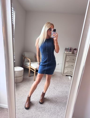 Image of Daacee Women's Sleeveless Denim Mini Dress Sleeveless Waist Tucks Zipper Short Tank Jean Dresses Concert Outfits
