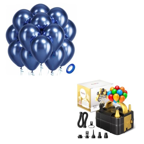 Image of Metallic Navy Blue Latex Party Balloons - 100 Pack 12 inch Round Helium Chrome Navy Blue Balloons and Electric Balloon Pump Multiple
