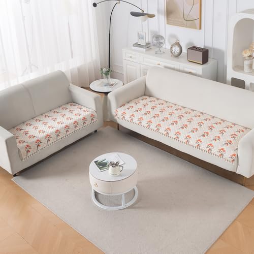 Image of HOKIPO Autumn Blossom Quilted Sofa Cover 5 Seater Set with Tassels - Washable 3+2 Sofa Cover Mat |'Tassel Twigs' Series (IN-985-T5 + IN-983-T5)