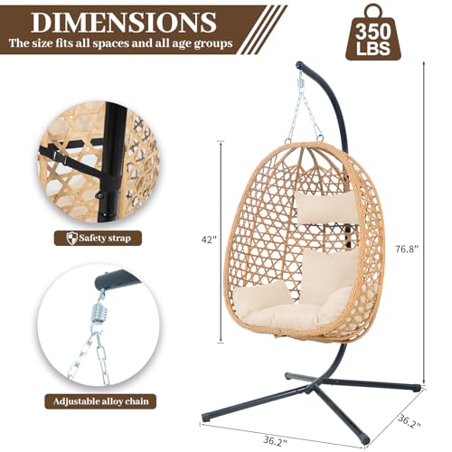 Image of Outdoor Hanging Egg Chair with Stand,Patio Rattan Hammock Chair,Burlywood