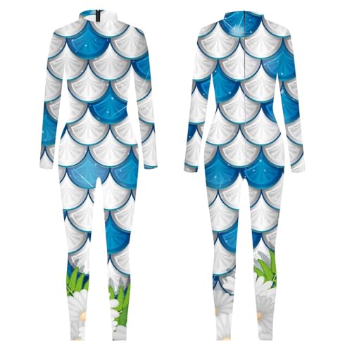Generisch Disfraz de sirena para mujer, disfraz de sirena, cosplay, mono de manga larga, cuello alto, mono con estampado de escamas de pescado, suave y acogedor, disfraz de carnaval