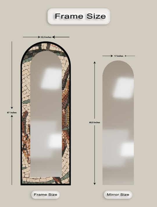 Specchio da pavimento con mosaico toscano da 63,5 x 160 cm (larghezza x altezza), specchio da pavimento rustico a mosaico ad arco con cornice nera e cornice dorata