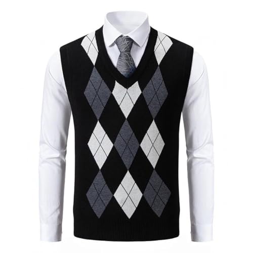 Men’S Soft Diamond Plaid V-Neck Sweater Vest Fashion Knitted Sleeveless Casual Fleece Pullover Tank Top2