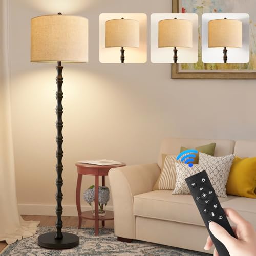 Image of Wood Floor Lamps for Living Room Rattan Floor Lamp with Remote Control& 3 Color Temperature,Dimmable Rustic Floor Lamp Black Mid Century Modern Standing Lamp Tall Farmhouse Floor Lamp For Bedroom
