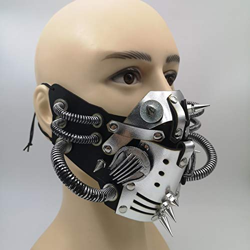 Ubauta Steampunk Leather Mask with Rivets (Silver), Silver Tubular Mask - Image 2