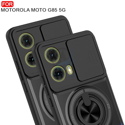 Image of AESTMO Moto G85 5G Back Cover | Armor Camera Slider 360 Degree Rotating Finger Ring Holder Case with Bracket Stand Back Case Cover for Moto G85 5G (Compatible with MagSafe Accessories) (Black)