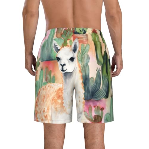 Men's Swim Trunks Quick Dry Bathing Suits White Alpaca Watercolor Cactus Beach Board Shorts Swimwear with Pockets3