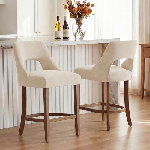 Image of UVV Bar Stools Set of 3, Upholstered Counter Height Bar Stools, Modern Counter Stools with Wood Legs for Kitchen Island Dining Room Bar, Beige