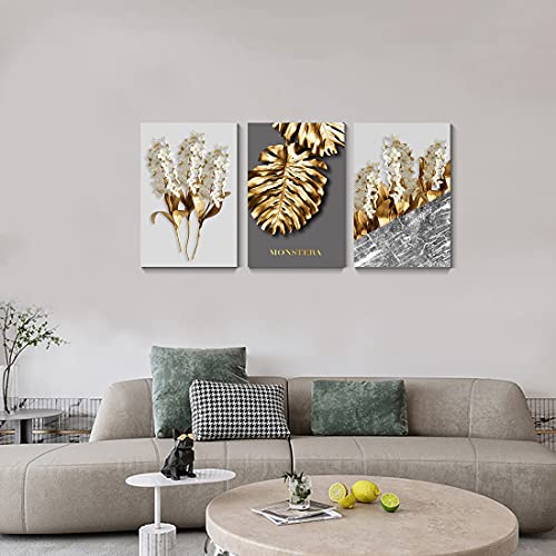 Qtespeii Large Modern Canvas Wall Art Hyacinth Painting White Flower Gold Leaf Canvas Prints For Living Room Bedroom Office Wall Decor Framed Home Office Walls Decorations, 16"X24" 3 Pieces #TOP4