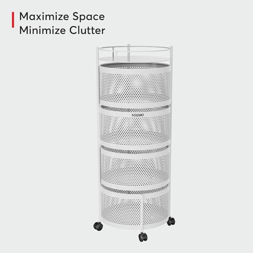 Image of Amazon Brand - Solimo 360 Revolving Preassembled Portable 4 Layer Round Multipurpose Storage Kitchen Rack Carbon Steel Fruit Vegetable & Spice Trolley with Wheels for Kitchen Organizer(Matte, White)