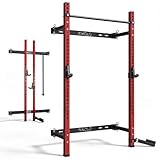 Mikolo 2" x 2" Folding Wall Mounted Squat Rack, 1000 Pounds Capacity Power Rack with Safety Catches, Pull Up Bar, J Hooks and Landmine Attachment, Space-Saving Home Gym(Red