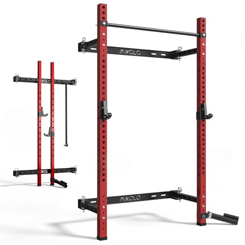 Mikolo-2-x-2-Folding-Wall-Mounted-Squat-Rack-1000-Pounds-Capacity-Power-Rack-with-Pull-Up-Bar-J-Hooks-and-Other-Attachments-Space-Saving-Home-Gym