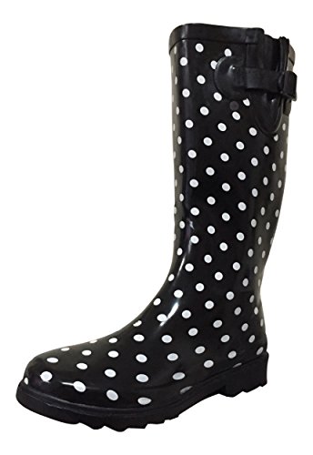 PSW Womens MSTKH Rain Boots, Black/White Polka Dots Small, 7 M US