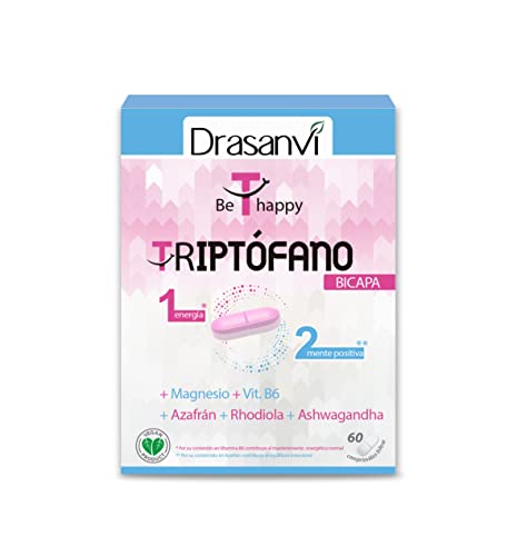 DRASANVI Triptófano Bicapa | para la Ansiedad, Cansancio e Insomnio | Capa lenta con Azafrán, Rhodiola y Ashawganda | capa rápida con Triptófano y Magnesio| 60 Comprimidos= 60 Días