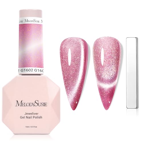 Image of MelodySusie Starry Cat Eye Gel Nail Polish, 0.5 Fl Oz Pink Glitter Holographic Magnetic Nail Polish with Magnet, UV Nail Polish for Nail Art Manicure Salon DIY at Home G1602