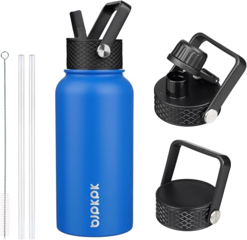 Image of BJPKPK Insulated Water Bottles with Straw Lid, 27oz Stainless Steel Water Bottle with 3 Lids, Leak Proof BPA Free Metal Thermos Mug, Sports Water Bottle Keep Cold & Hot- Sapphire (Pack of 5)