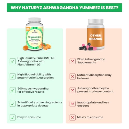 Image of NATURYZ Clinically Researched KSM 66 Ashwagandha 500mg Gummies with Vitamin D3 | Strength, Energy, Immunity, Power & Stamina | Relax, Refresh Mind & Body | No Added Sugar | Gluten-Free, 50 Gummies(Orange Flavour)
