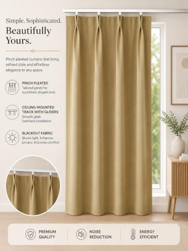 Image of KALIYO Gold Blackout Pinch Pleat Curtains for Living Room & Bedroom | Room Darkening Curtains | Pinch Pleat Header| Noise Reducing | 8 Ft | Pack of 2