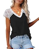 KINLONSAIR Women's Crochet Lace Basic V-Neck T-Shirts Short Sleeve Loose Fitting Tunic Tank Tops