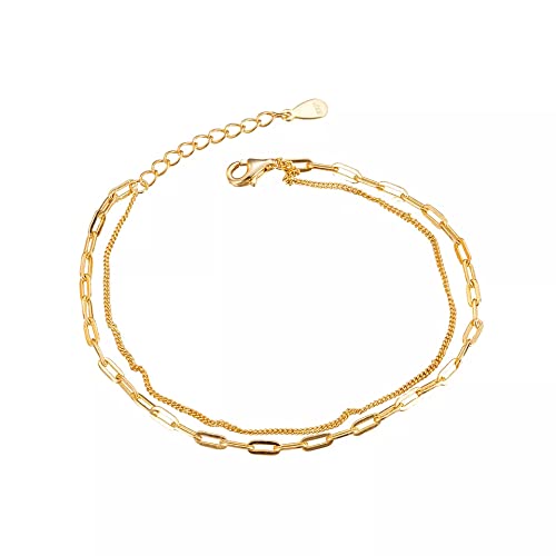 925 Sterling Silver 18K Gold Plated Dainty Paperclip Freshwater Pearls Cuban Chain Link Layered Bracelet Or Ankelt, 7