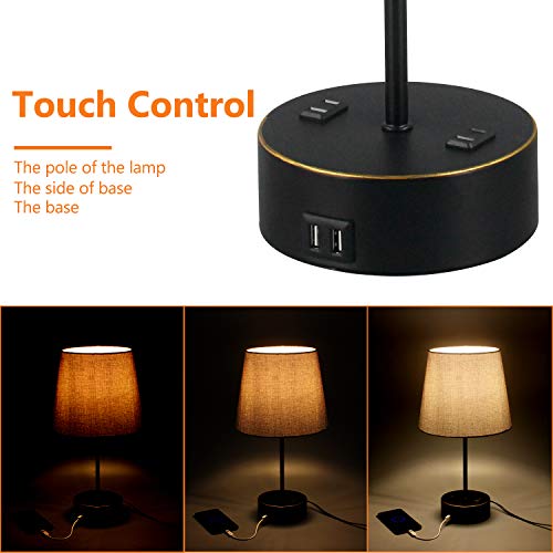 USB Table Lamp, Gray Fabric Shade Bedside Table Lamp with Two AC Outlet Fast Dual USB Charging Ports, Modern Design Desk Lamp Ideal for Bedroom,Office,Guest Room, Kids Room 2Pack