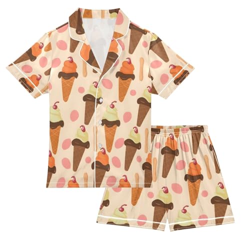 ALAZA Ice Cream with Cherry Pajamas Satin Pajama Set Short Sleeve Button Down Sleepwear