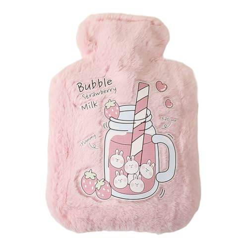 Cute Hot Water Bottles, 1L (34oz) Durable Large Hot Water Bag with Cartoon Faux Fur Plush Cover for Hot and Cold Compress Hand Feet Warmer Hand Warmer for Neck and Shoulder