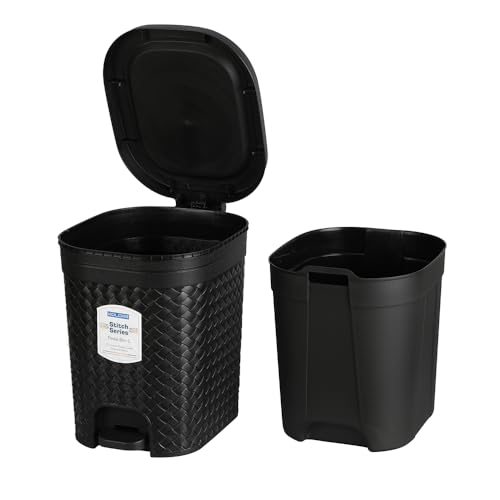 Image of KOLORR Stitch 15 Liters Plastic Pedal Dustbin/Trash Can/Garbage Waste Bin with Lid and Inner Bucket for Home/Kitchen/Office/School/Bathroom & Washroom – Black