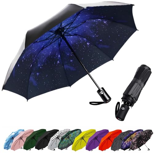 Image of SIEPASA Compact Travel Umbrella - Windproof Auto Open/Close, Small Folding Umbrella for Rain - Lightweight & Durable with Fiberglass Frame, Waterproof Canopy - Fits Backpack, Purse, Suitcase. (Starry)