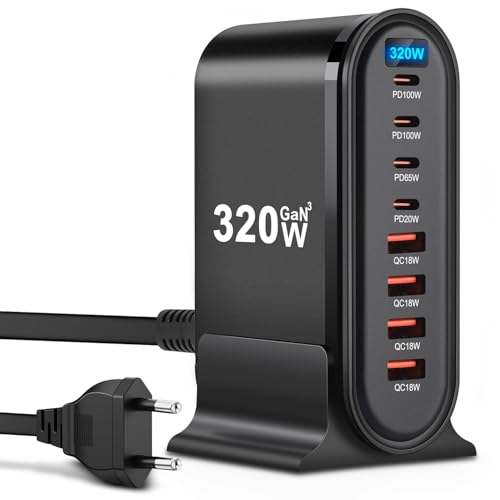 USB C Ladegerät, 320W Schnellladegerät,8 Port Ladestation Tech Netzteil Schnellladegerät,USB Ladegerät für iPhone, iPad Pro, MacBook, Samsung Handys