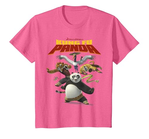 Kung Fu Panda Group Shot Action Portrait Movie Logo T-Shirt, Youth, Pink Heather, Large