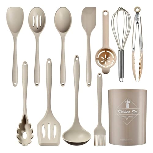 Juego de utensilios de cocina de silicona (12 piezas) con mango de acero inoxidable resistentes al calor y antiadherentes con soporte para utensilios aptos para lavavajillas color Caqui (sin BPA)